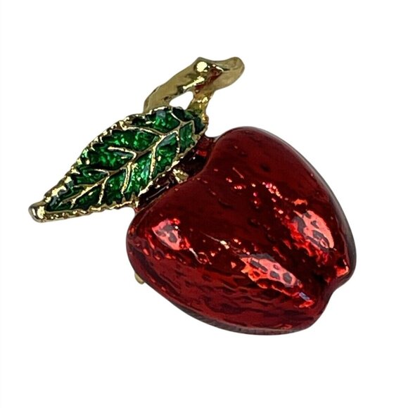 Vintage Apple Brooch Gold Tone Red Green Enamel Gloss Coated Pin Fruit Teacher - Picture 3 of 7